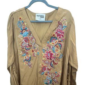 Savanna Jane Mustard Yellow Bell Sleeve Floral Embroidery Blouse